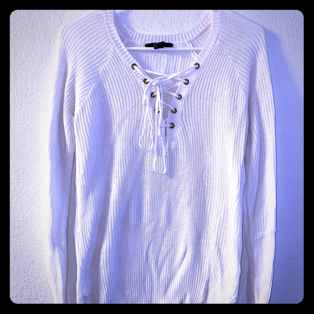 White lace up sweater